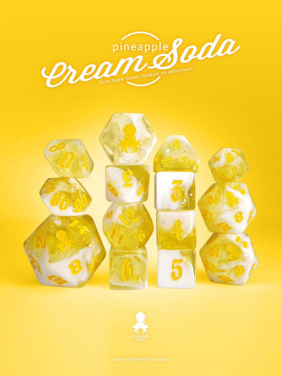 Pineapple Cream Soda 14pc TTRPG Dice Set with Yellow Ink
